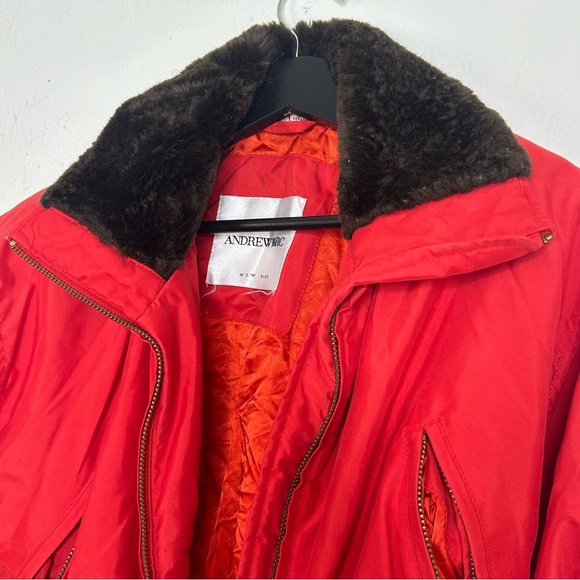 Andrew Marc New York Vintage Snow Ski Jacket Bright Red Brown Fur Collar Gold - Picture 5 of 11